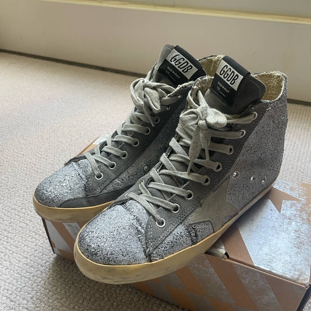 Golden Goose 38 Silver Glitter High-Top Sneakers